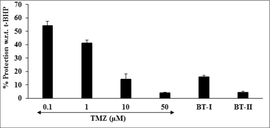 Assessment of cytoprotective effect of the test items in H9c2 cells against tert-butyl hydroperoxide (t-BHP) induced damage. TMZ: Trimetazidine; BT-I: One-time Biofield Energy Treated DMEM; BT-II: Two-times Biofield Energy Treated DMEM