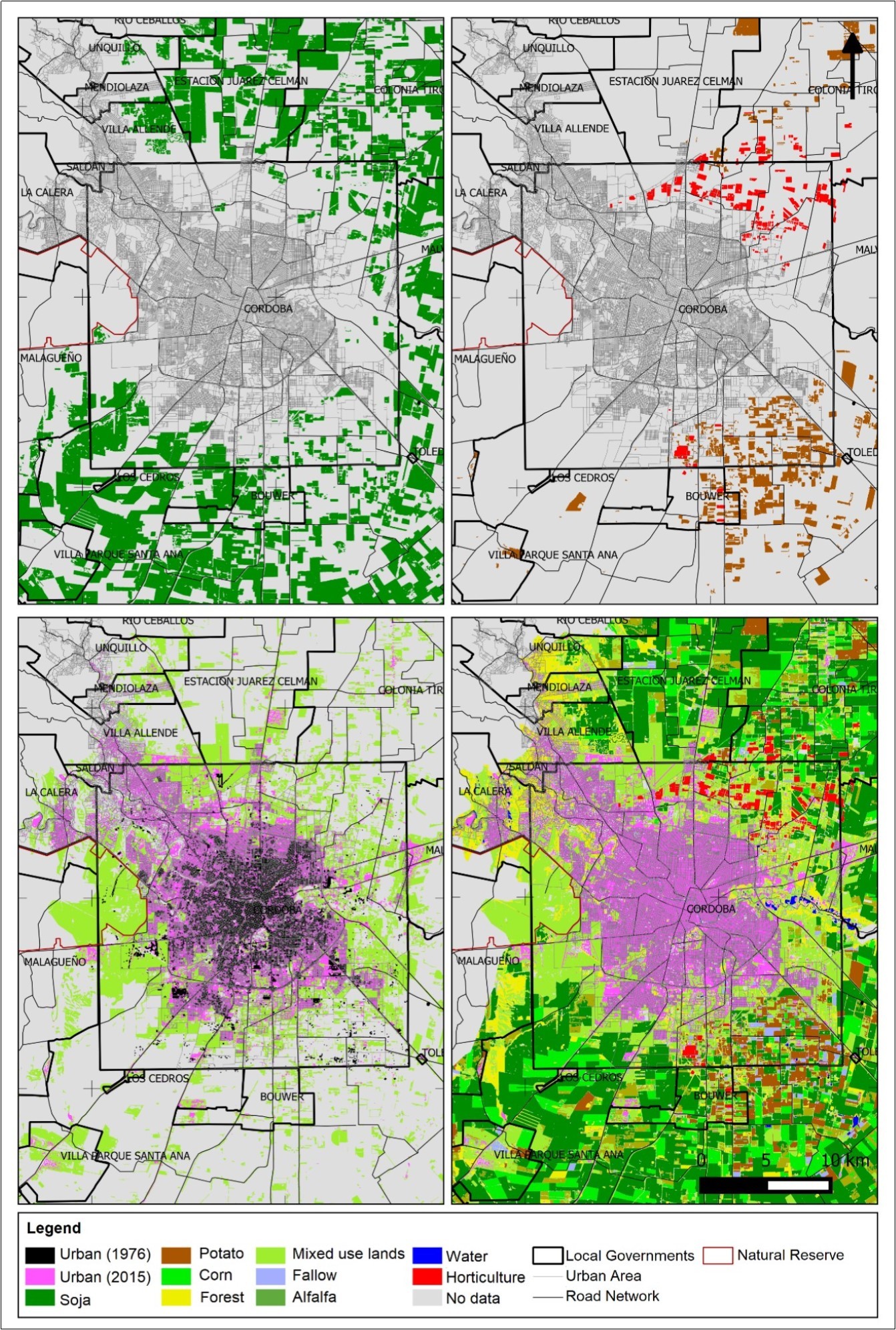 Land cover types and uses: Above (left): Distribution of soybean crops. Above (right): Distribution of intensive production. Below (left): Urban and mixed use zones. Below (left): Complete map of cover types.