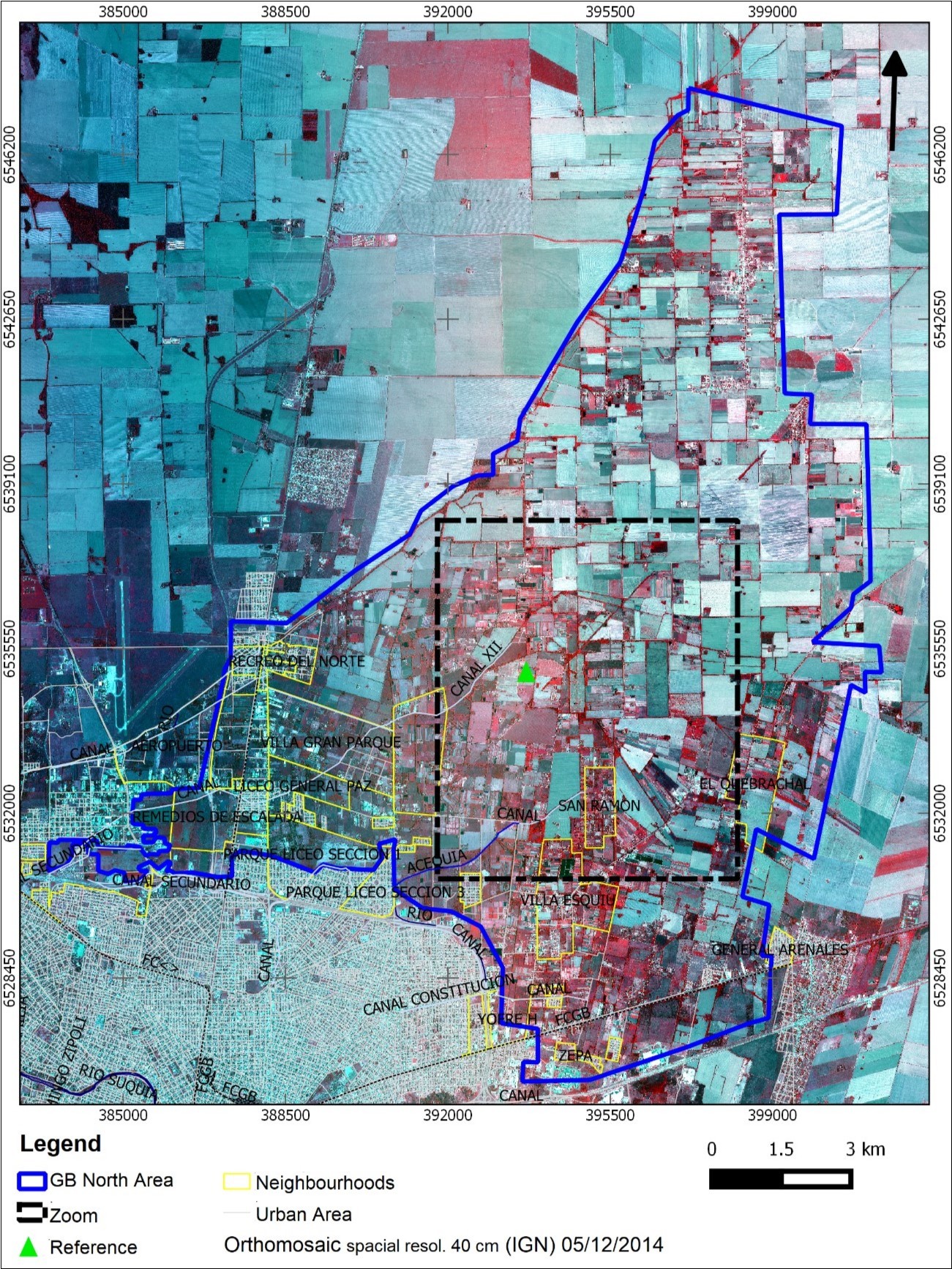 Northern sector of the Green Belt of Córdoba. The image corresponds to an orthorectified mosaic generated by the Instituto Geográfico Nacional (IGN). RGB: NIR-Red-Green. (Date of aerial photographic flight: 1,2,3,4 and 5/12/14). IGN-Dirección de Sensores Remotos.