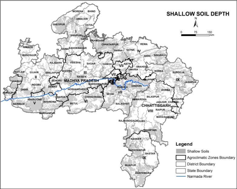 Map showing districts comprising agroclimatic zones (I-IX). Grey areas depict the spatial distribution of moderately shallow depths (< 70cm) of Red and Black soils of the Central Plains.