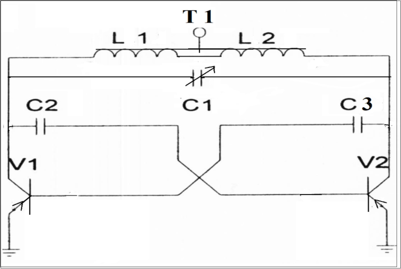 Electronic circuit physically modeling system (7). T1- standard fly back transformer with a closed ferrite core L1 has 12 turns, L2has 400 turns, C1 - air variable capacitor, C2 - 800 pF, C3 -0.25 μF, V1 V2 - transistors of NTE33 type.