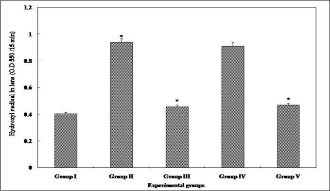 Hydroxyl radical level in from different experimental group animals. Each value represents mean ± SD of 4 determinations using samples from different preparations. The difference in hydroxyl radical levels observed between groups I & II and groups II & III-V animals were statistically significant at * p < 0.05.