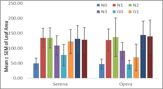 Impact of Guano and Nitrogen on Leaf Area of Serena and Opera cultivars (AlKadaro, Sudan, 2017)