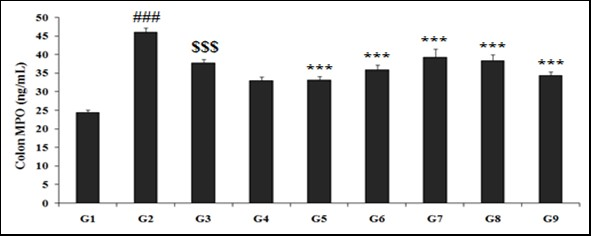 The effects of the Biofield Energy Treated test formulation for the assessment of myeloperoxidase (MPO) activity in colon tissue. G1: Normal control; G2: Disease control (50% TNBS in ethanol, (10 mg); 400 µL through intra-colonic route); G3: Sulphasalazine, 250 mg/kg; G4: Untreated test formulation; G5: Biofield Energy Treated test formulation; G6: Biofield treatment per se to animals (-15 days); G7: Biofield Energy Treated test formulation (-15 day); G8: Biofield Energy Treatment per se to animals plus Biofield Energy Treated test formulation (-15 day); and G9: Biofield Energy Treatment per se to animals plus untreated test formulation. All the values are represented as mean ± SEM (n=8). ###P≤0.001 vs. G1, $$$P≤0.001 vs. G2, and ***p≤0.001 vs. G2.