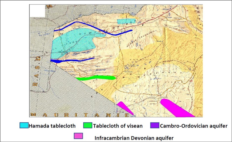 Schematic hydrogeological map showing the distribution of the different aquifer levels and the favorable zones for drilling through the territory of the Wilaya of Tindouf.