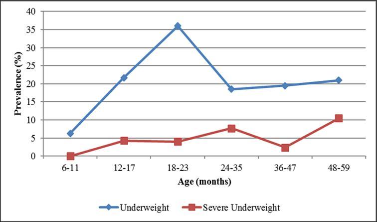 Prevalence of underweight by age of child