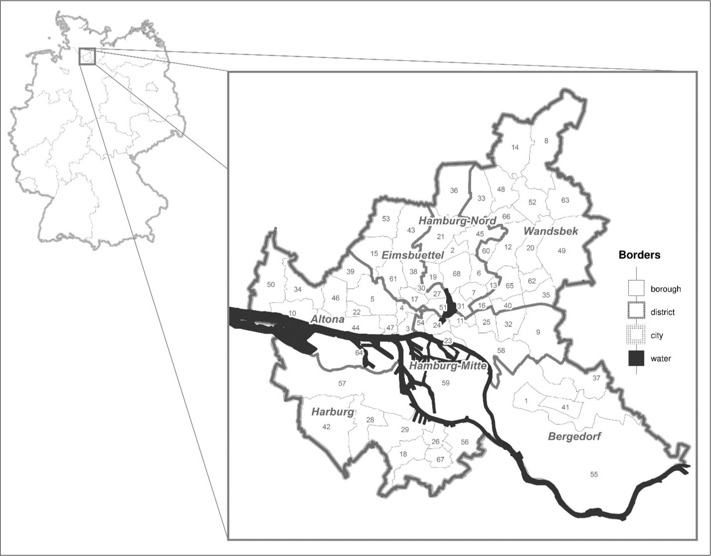 Map depicting the city of Hamburg. Detailed information about the boroughs can be obtained from Table 1 (Own depiction, according to 1718).