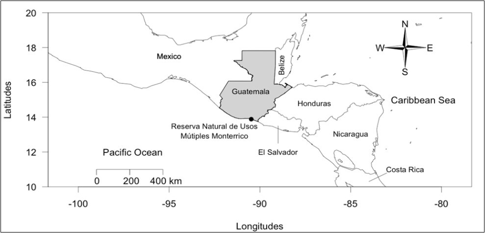 Map of Central America with greyed Guatemala. Monterrico nesting beach is indicated by a black point within the Monterrico Natural Reserve for Multiple Uses (Reserva Natural de Usos Múltiple Monterrico).