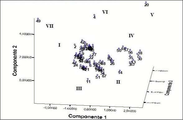 Spatial distribution of the accessions generated by principal component analysis using the morpho-agronomic variables and the number of chromosomes. The number of each accession is shown in Table 1.