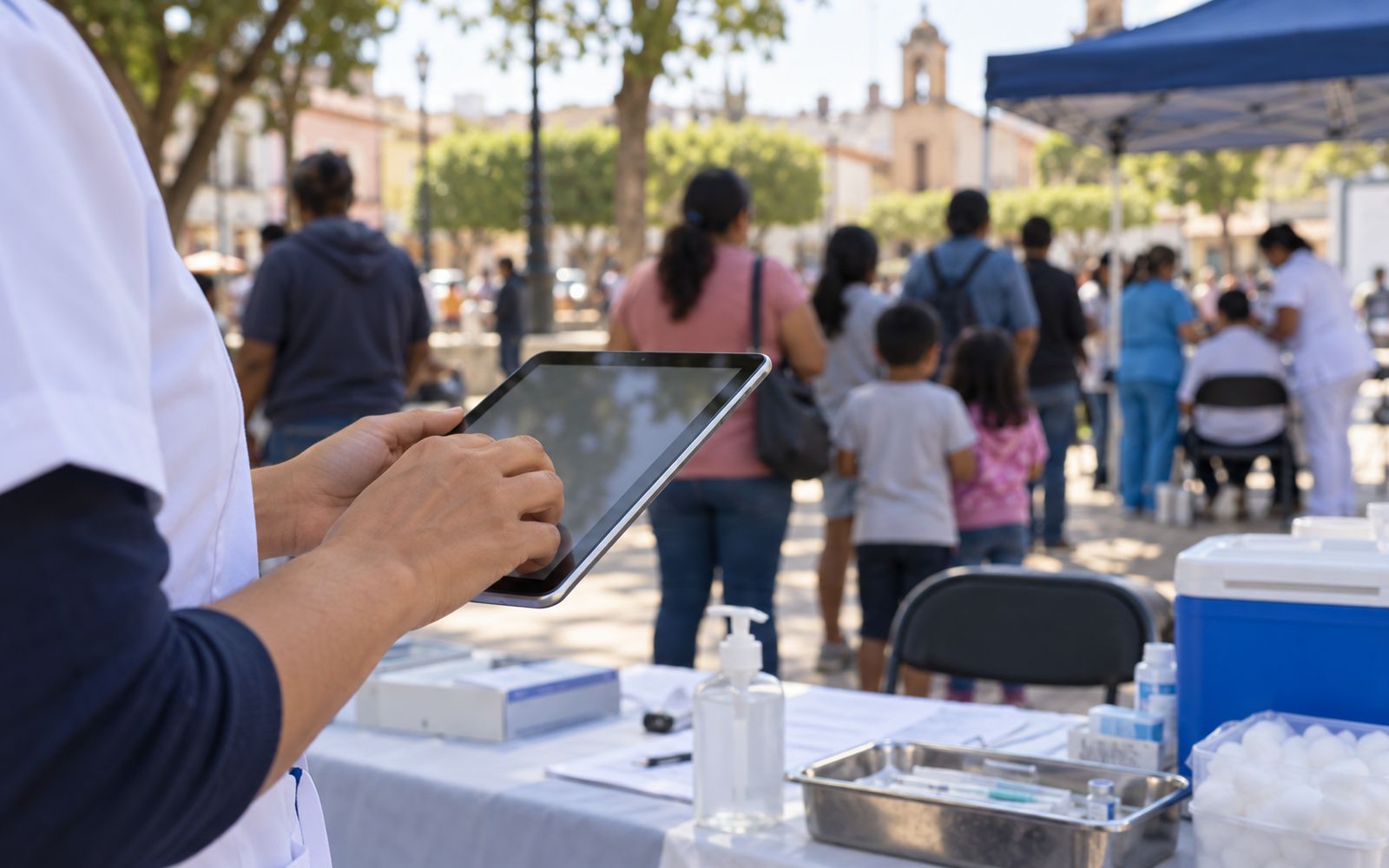 A public-health field team at an outdoor community health session in a town square: a health worker records data on a tablet beside a table of supplies and a cool box, while families wait near a canopy where staff in white coats see visitors.